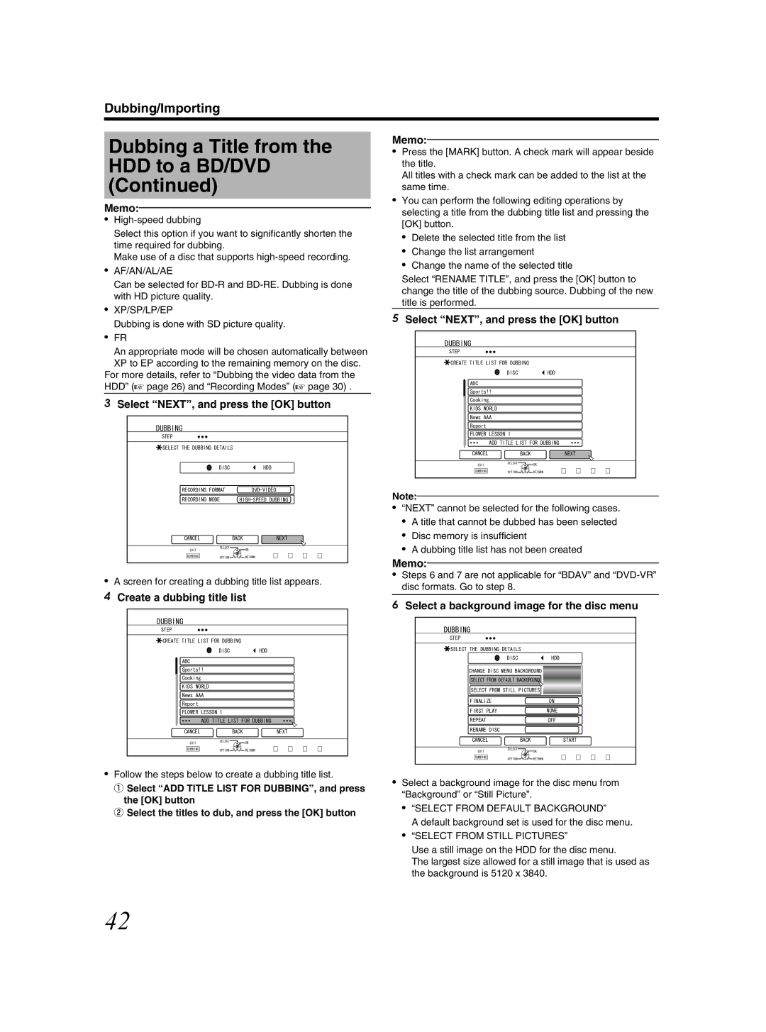 JVC SR-HD2500US Create a dubbing title list, Select a background image for the disc menu, Select from Default Background 