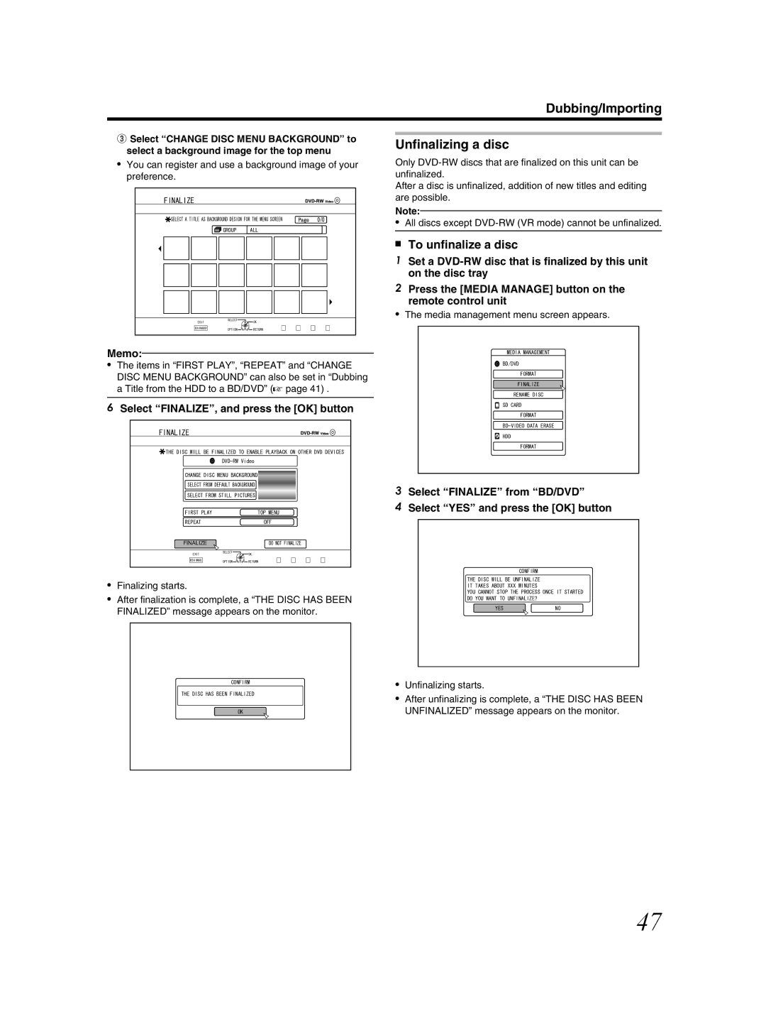 JVC SR-HD2500US manual Unfinalizing a disc, To unfinalize a disc, Select FINALIZE, and press the OK button 