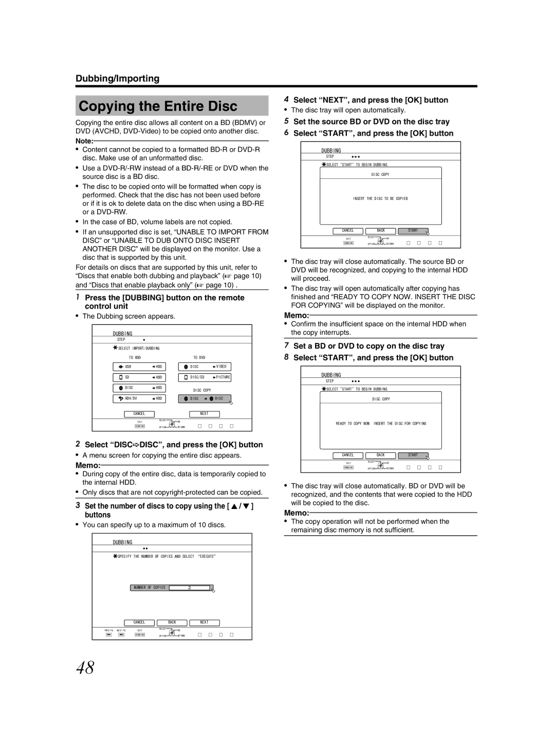 JVC SR-HD2500US manual Copying the Entire Disc, Select DISChDISC, and press the OK button 