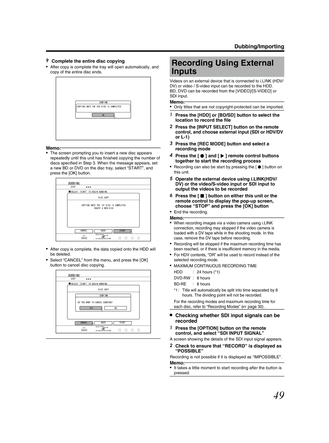 JVC SR-HD2500US manual Recording Using External Inputs, Checking whether SDI input signals can be recorded 