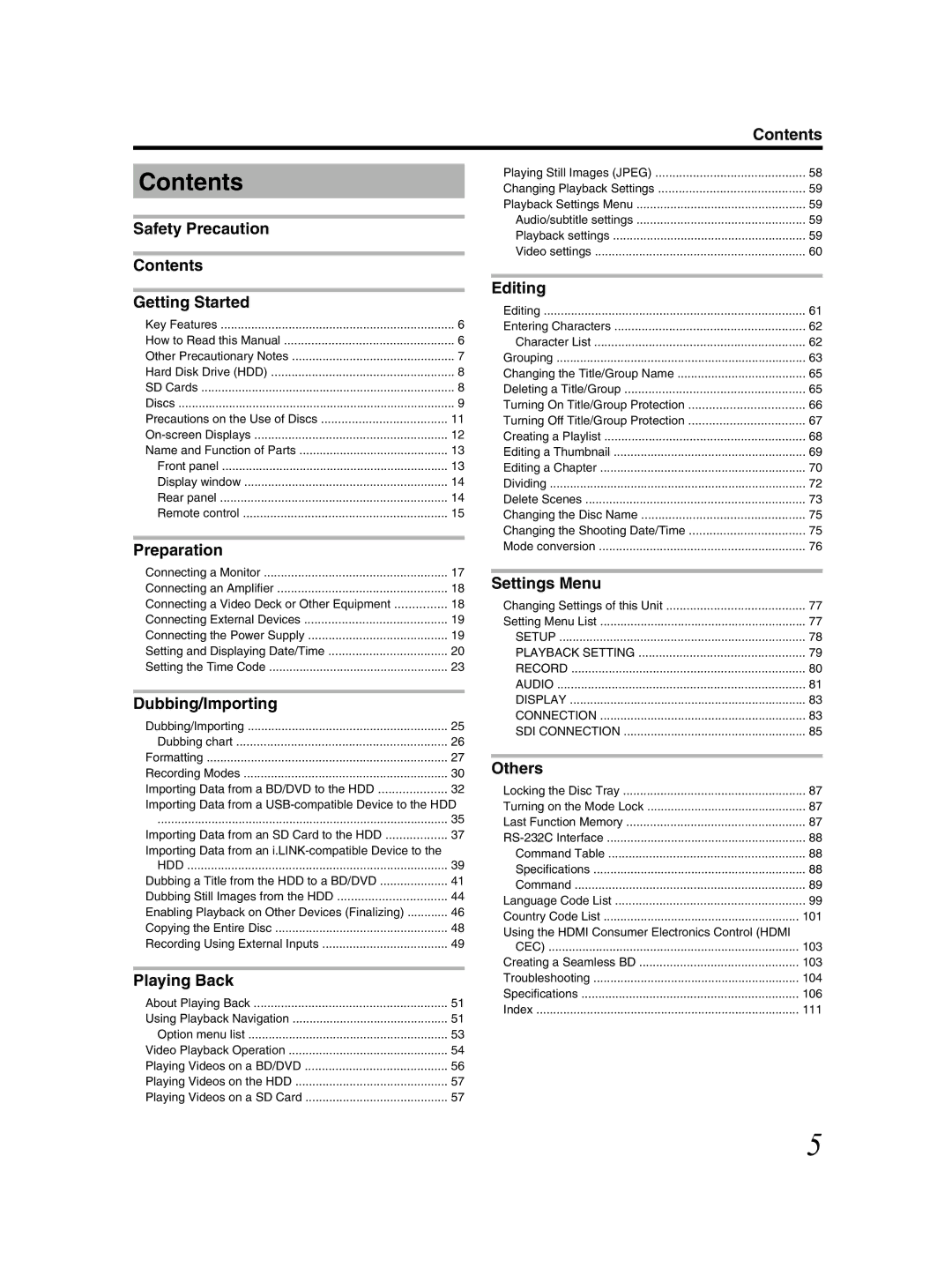 JVC SR-HD2500US manual Contents 