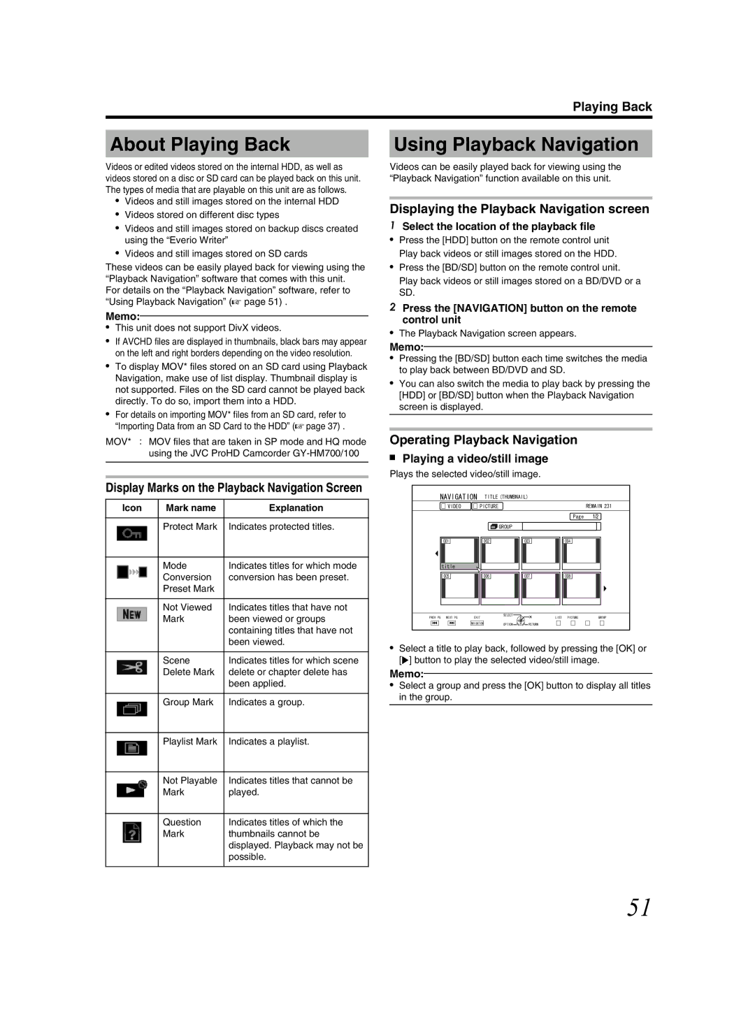 JVC SR-HD2500US manual About Playing Back, Using Playback Navigation, Displaying the Playback Navigation screen 