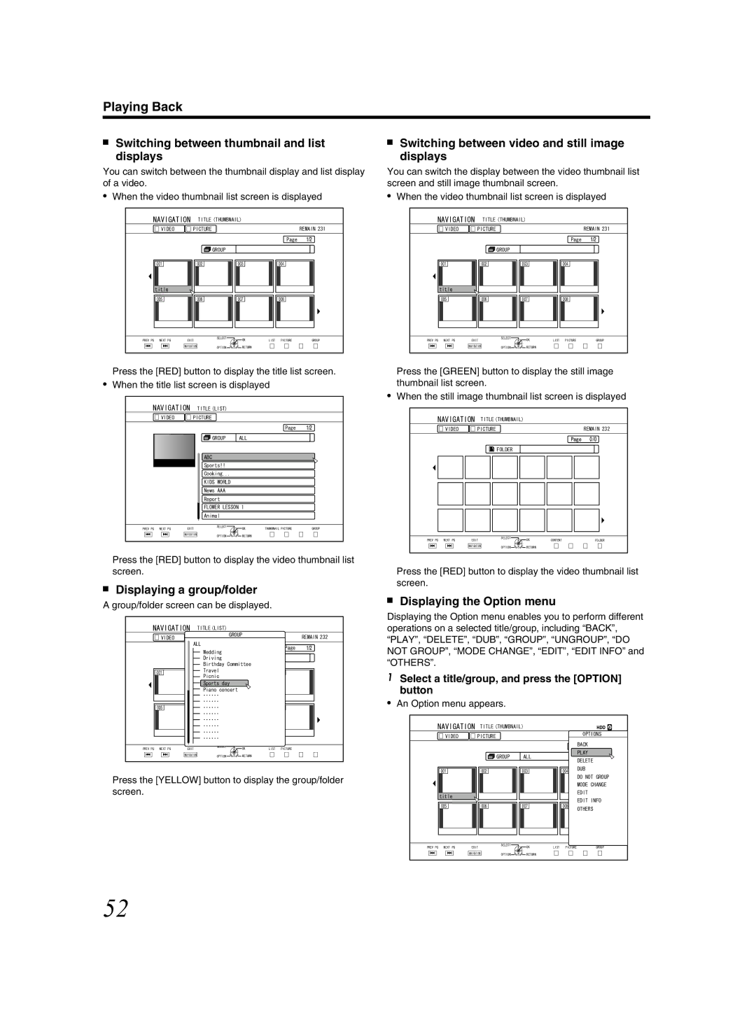 JVC SR-HD2500US manual Switching between thumbnail and list displays, Displaying a group/folder, Displaying the Option menu 