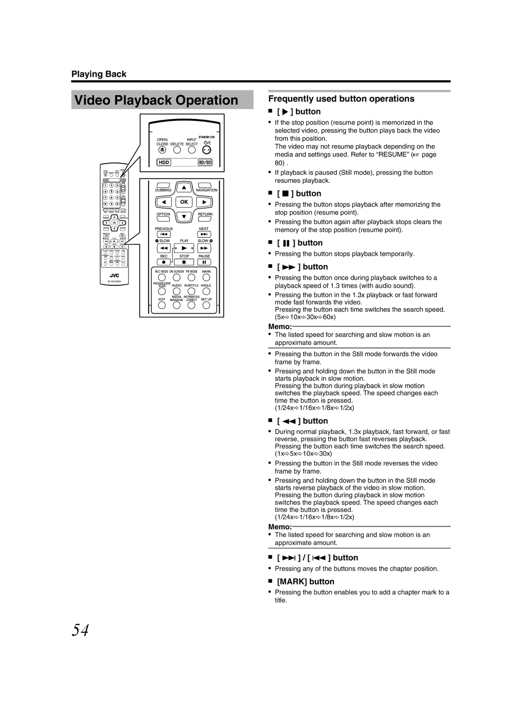 JVC SR-HD2500US manual Video Playback Operation, Frequently used button operations, Button, Mark button 