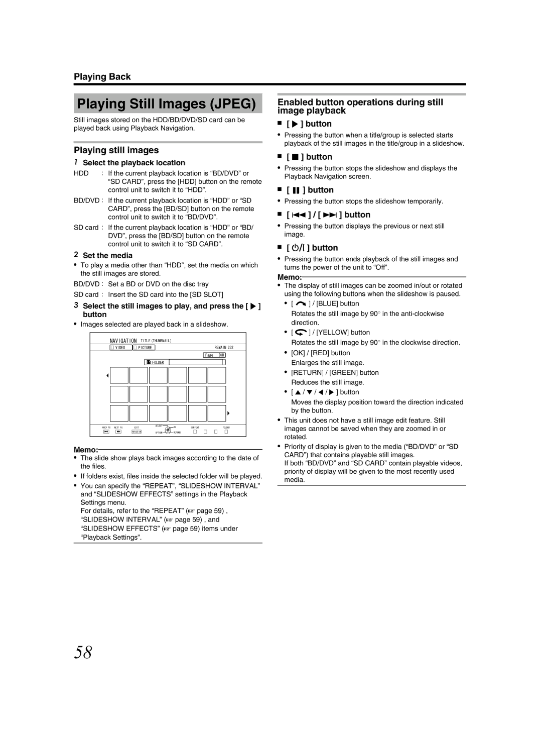 JVC SR-HD2500US Playing Still Images Jpeg, Playing still images, Enabled button operations during still image playback 