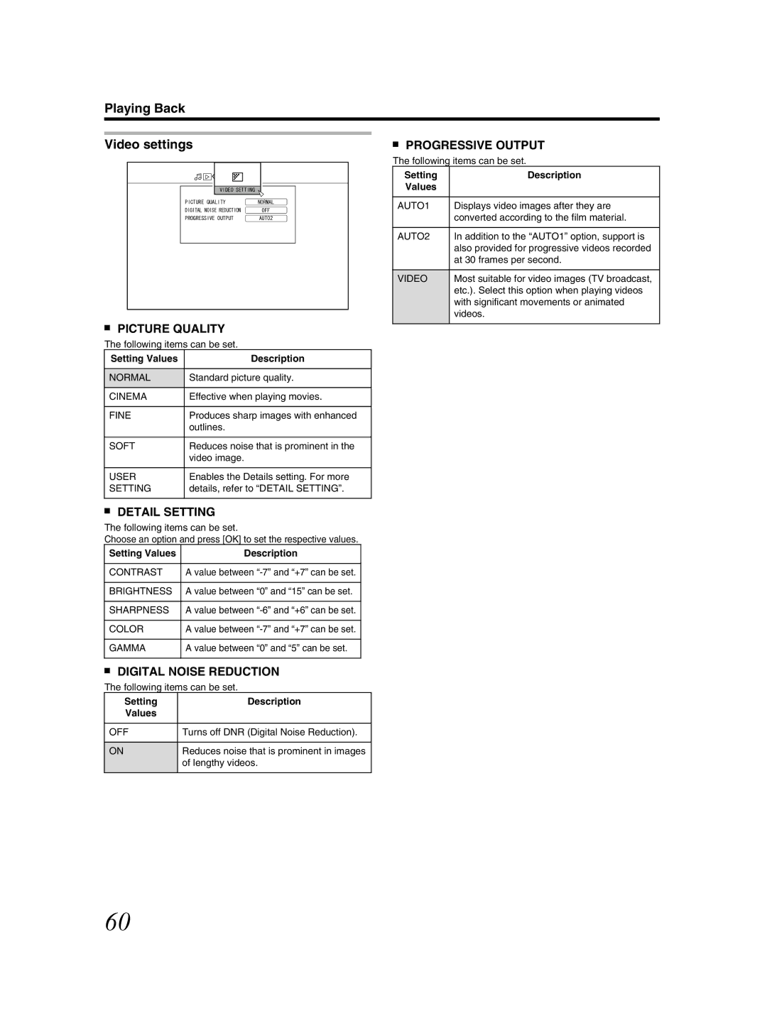 JVC SR-HD2500US Playing Back Video settings, Progressive Output, Picture Quality, Detail Setting, Digital Noise Reduction 