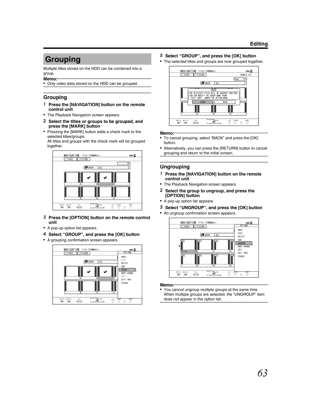 JVC SR-HD2500US manual Grouping, Ungrouping 