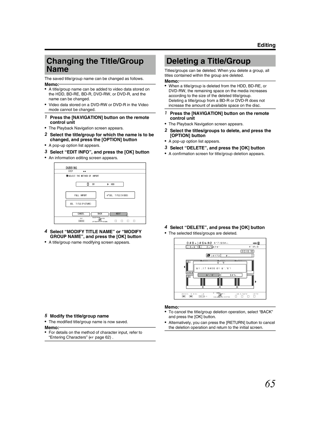 JVC SR-HD2500US manual Changing the Title/Group Name, Deleting a Title/Group, Select Edit INFO, and press the OK button 