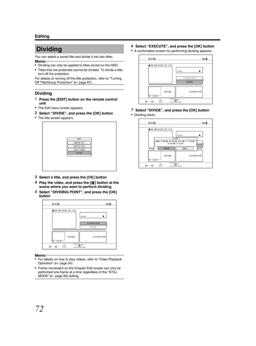 JVC SR-HD2500US manual Dividing, Press the Edit button on the remote control unit, Select DIVIDE, and press the OK button 