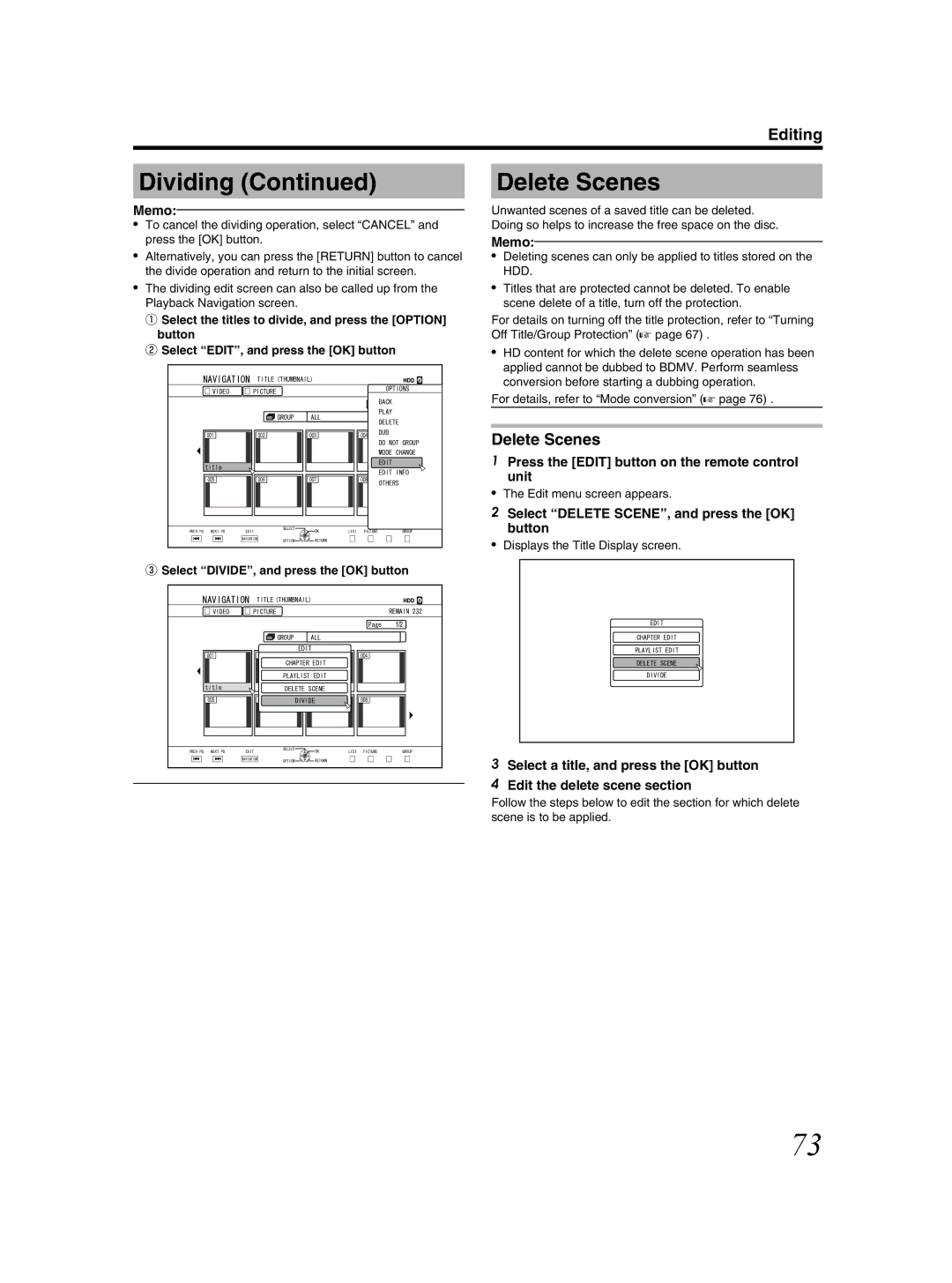 JVC SR-HD2500US Delete Scenes, Select Delete SCENE, and press the OK button, ③ Select DIVIDE, and press the OK button 