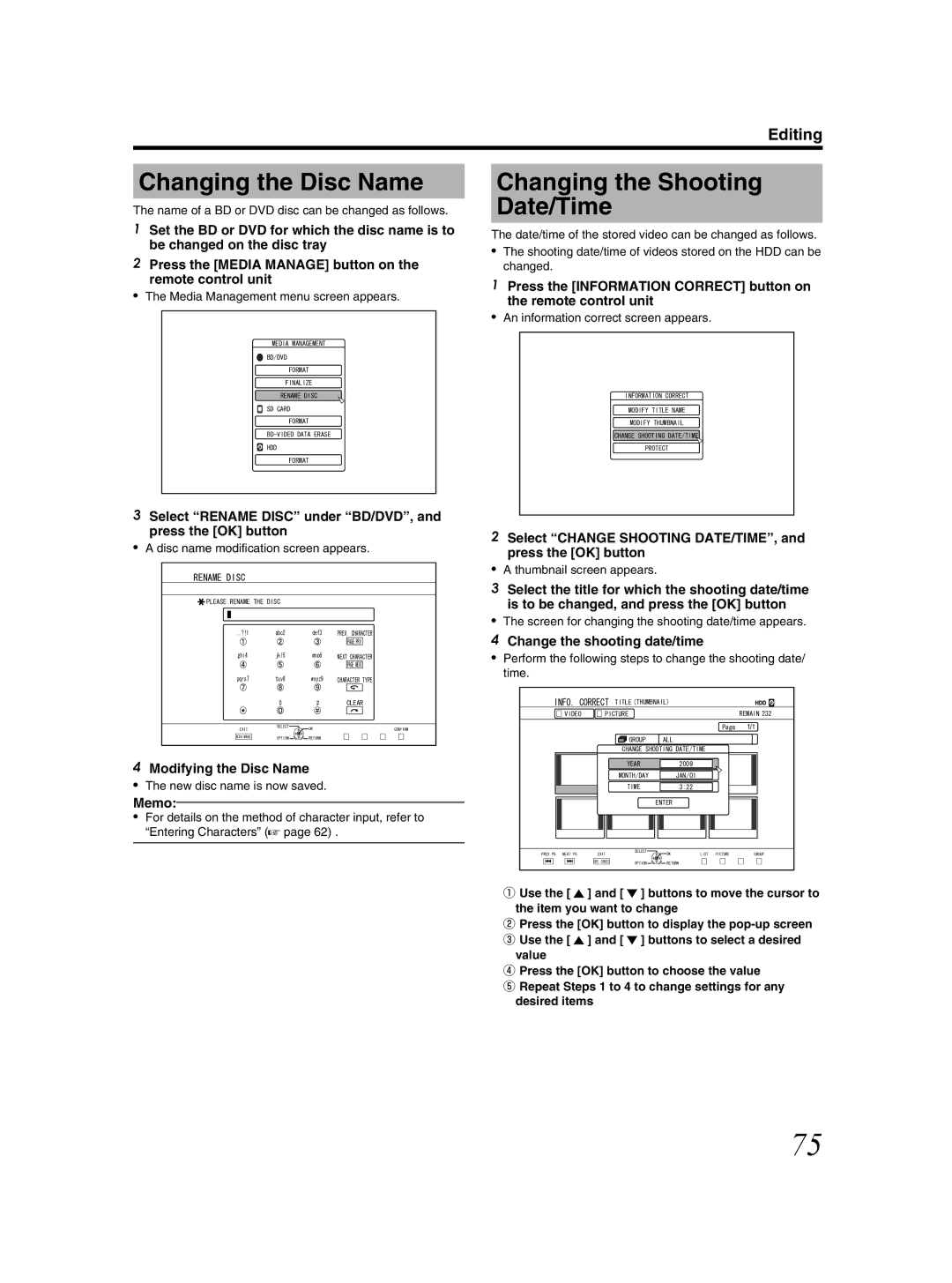 JVC SR-HD2500US manual Changing the Disc Name, Changing the Shooting Date/Time 