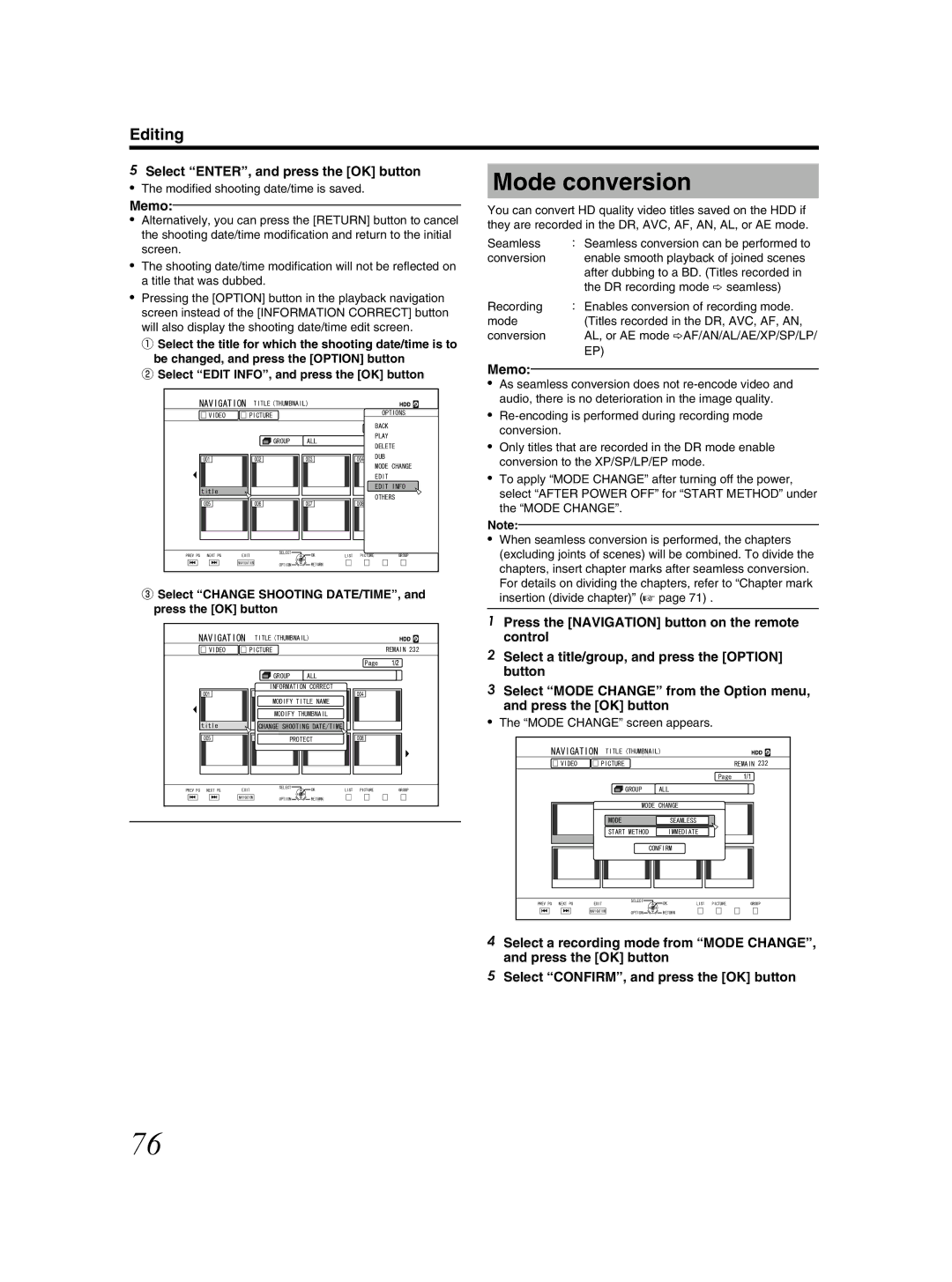 JVC SR-HD2500US manual Mode conversion, Select ENTER, and press the OK button, Modified shooting date/time is saved 