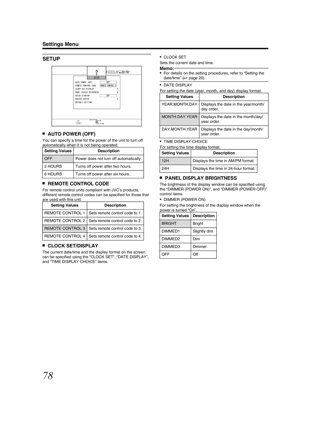 JVC SR-HD2500US manual Auto Power OFF, Remote Control Code, Clock SET/DISPLAY, Panel Display Brightness 