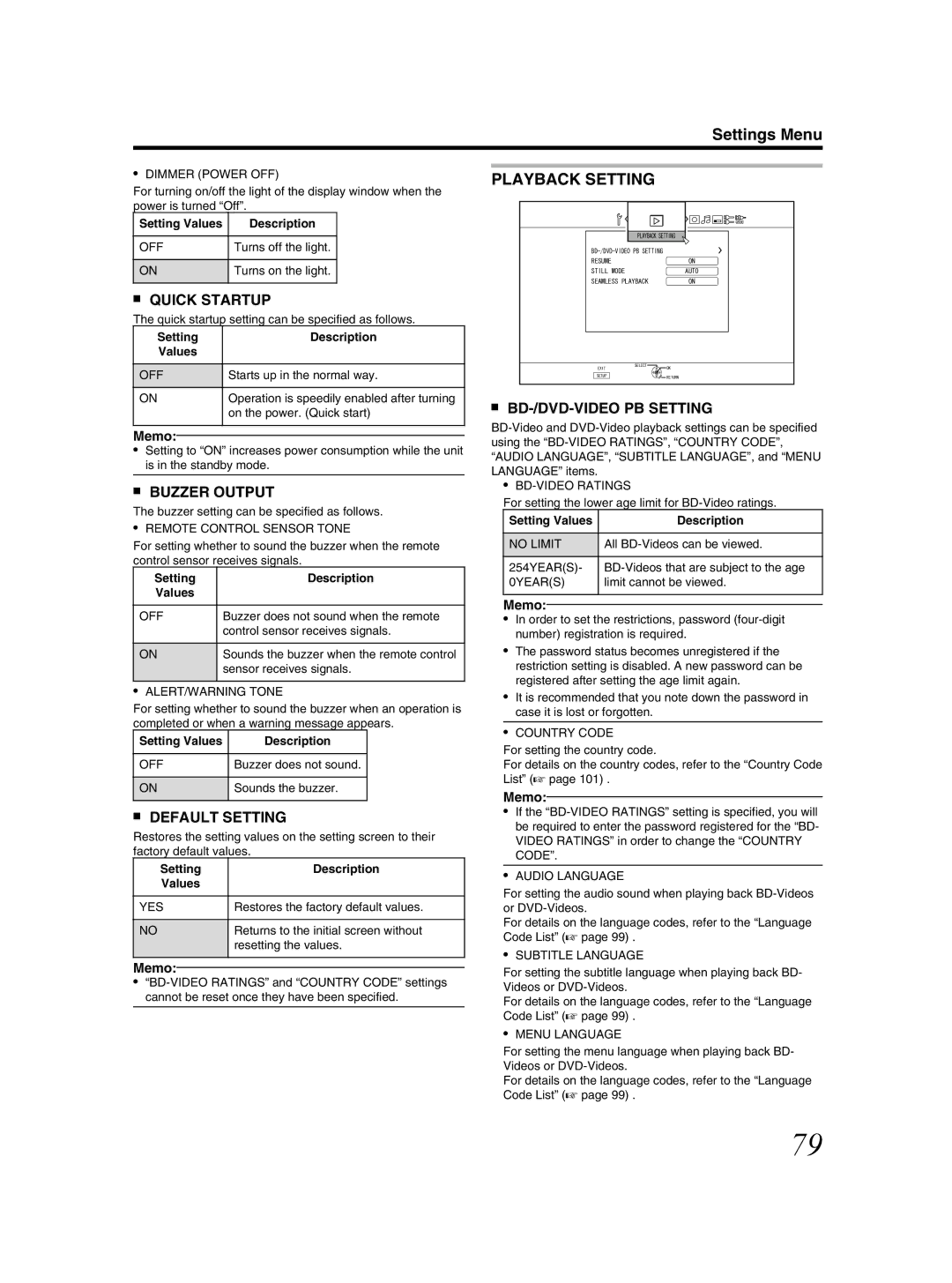 JVC SR-HD2500US manual Quick Startup, Buzzer Output, Default Setting, BD-/DVD-VIDEO PB Setting 