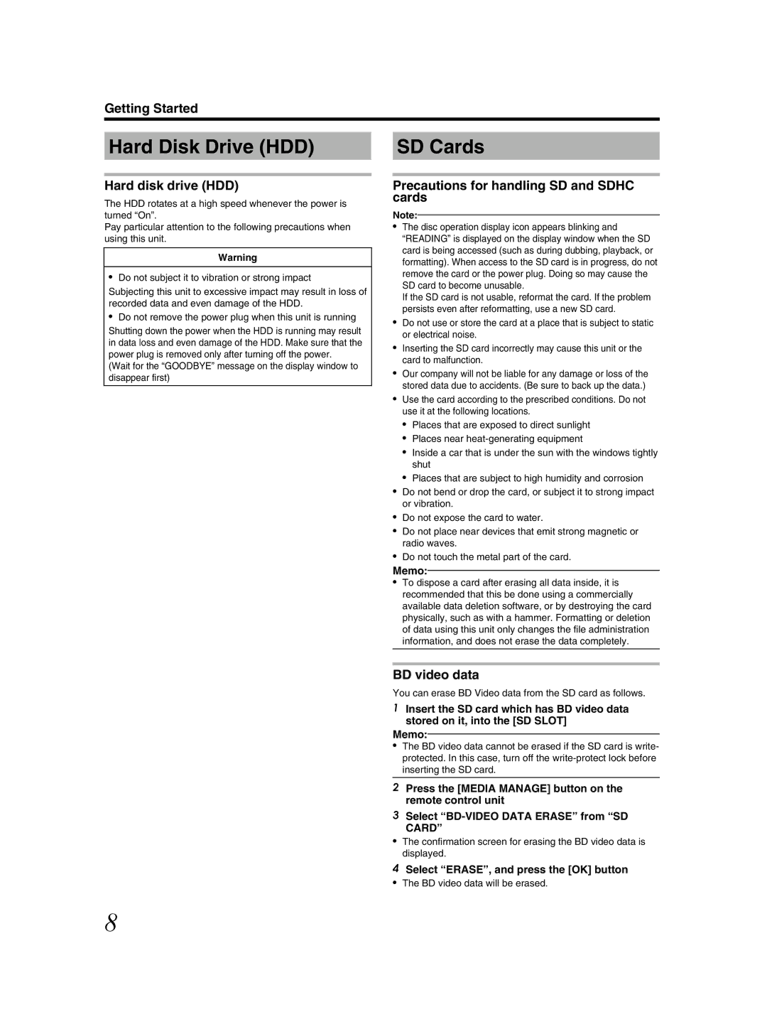 JVC SR-HD2500US manual Hard Disk Drive HDD, SD Cards, Hard disk drive HDD, Precautions for handling SD and Sdhc cards 