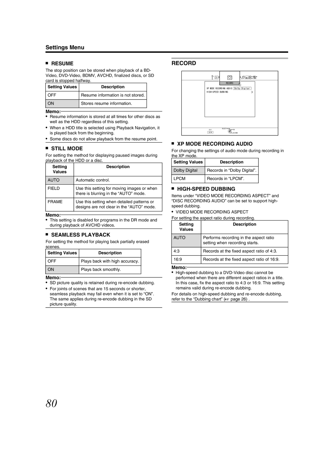 JVC SR-HD2500US manual Resume, Still Mode, Seamless Playback, XP Mode Recording Audio, HIGH-SPEED Dubbing 