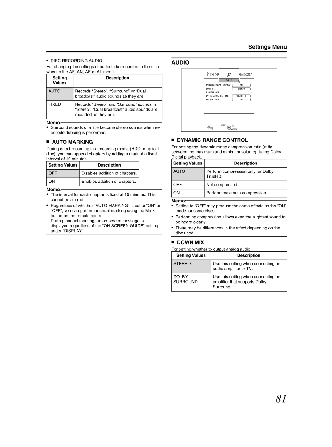 JVC SR-HD2500US manual Auto Marking, Dynamic Range Control, Down MIX 