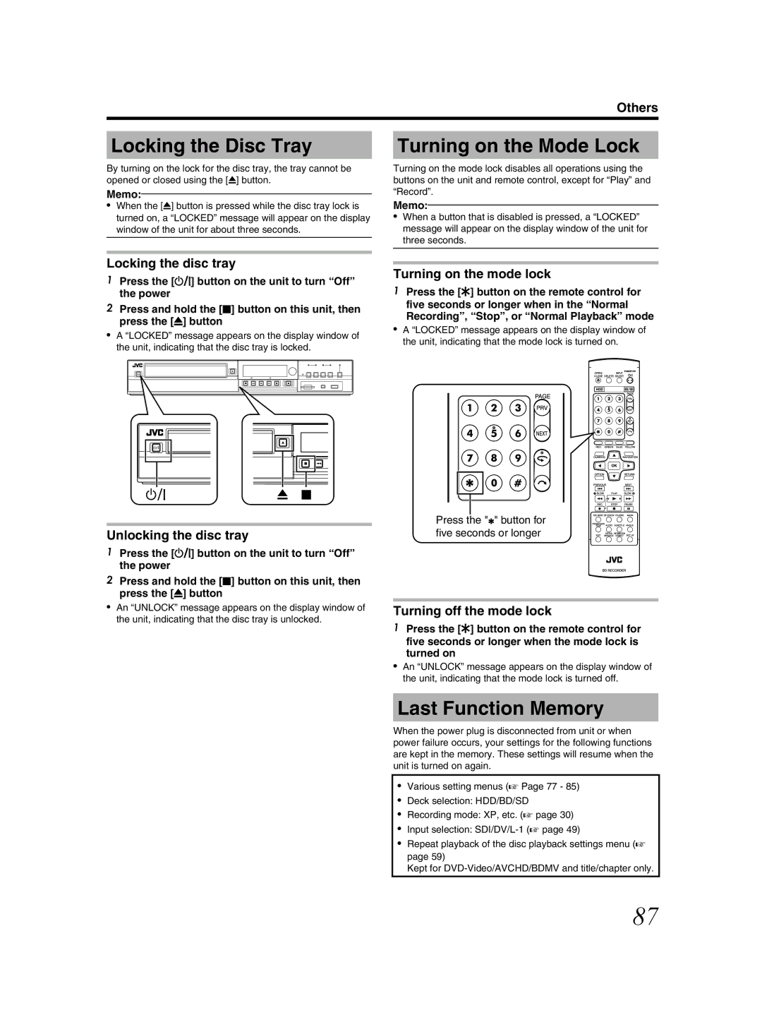 JVC SR-HD2500US manual Locking the Disc Tray, Turning on the Mode Lock, Last Function Memory 