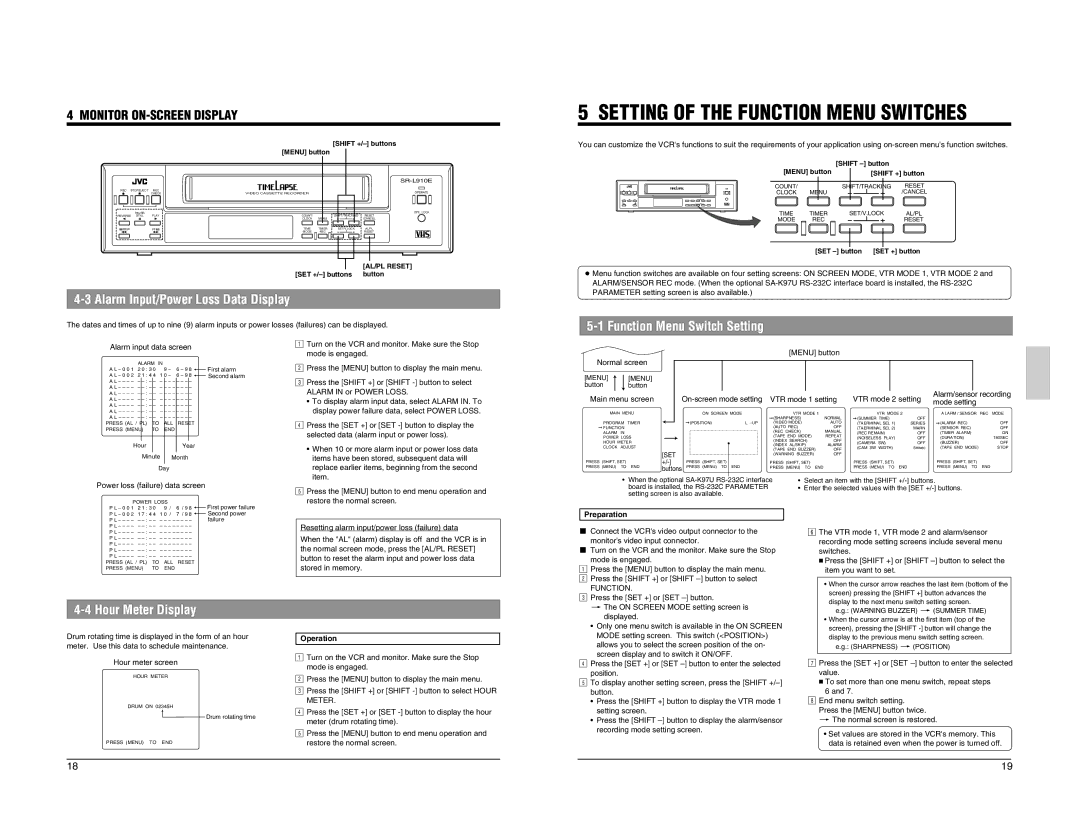 JVC SR-L910EK appendix Function Menu Switch Setting, Hour Meter Display, Preparation, 1Operation 