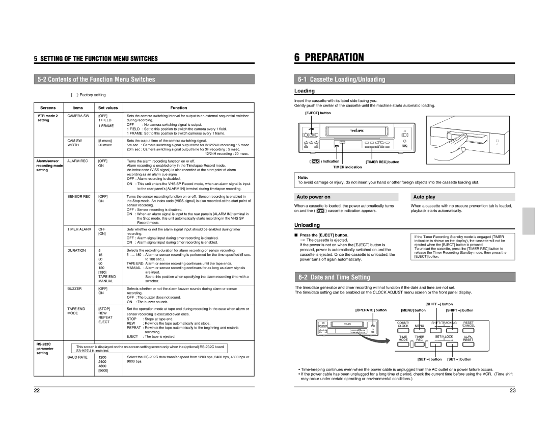 JVC SR-L910EK appendix Preparation, Cassette Loading/Unloading, Date and Time Setting 