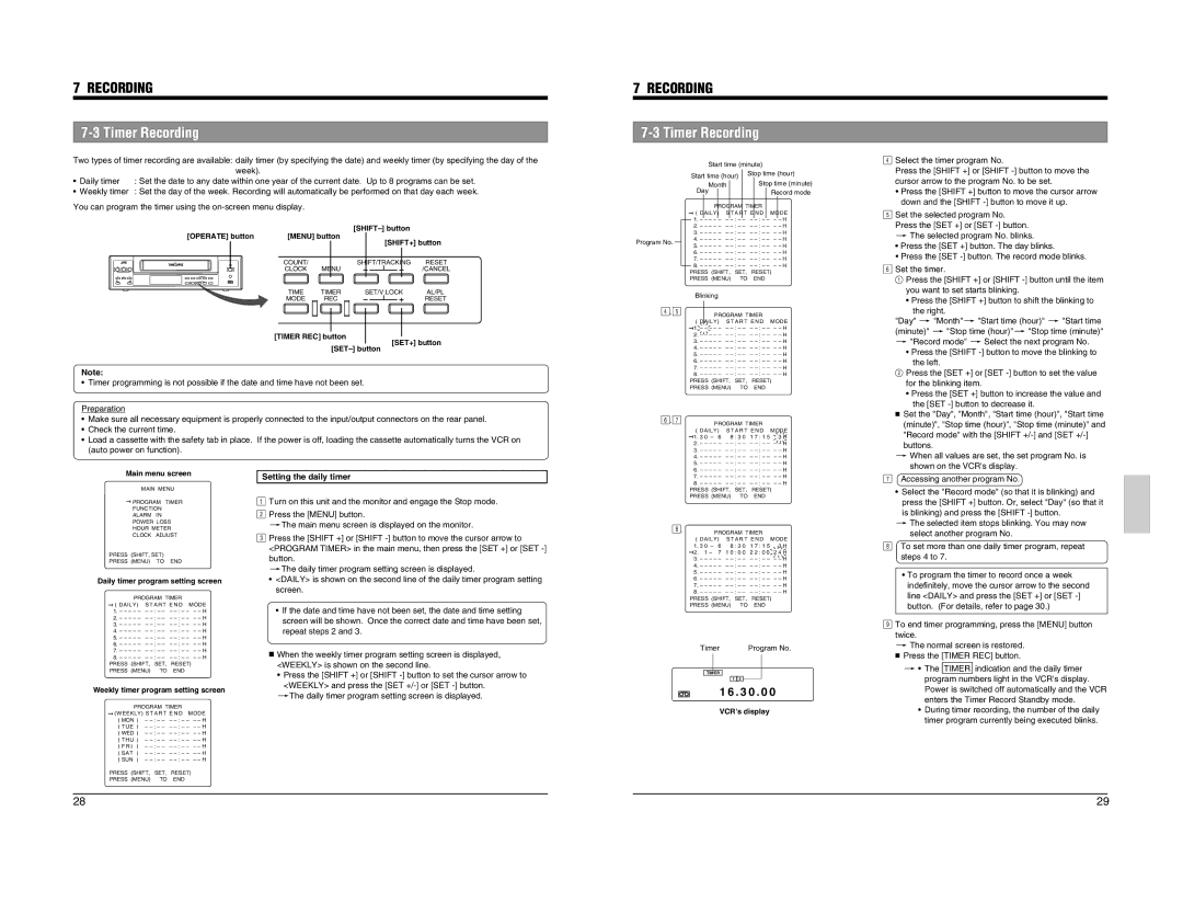 JVC SR-L910EK appendix Timer Recording, Setting the daily timer 