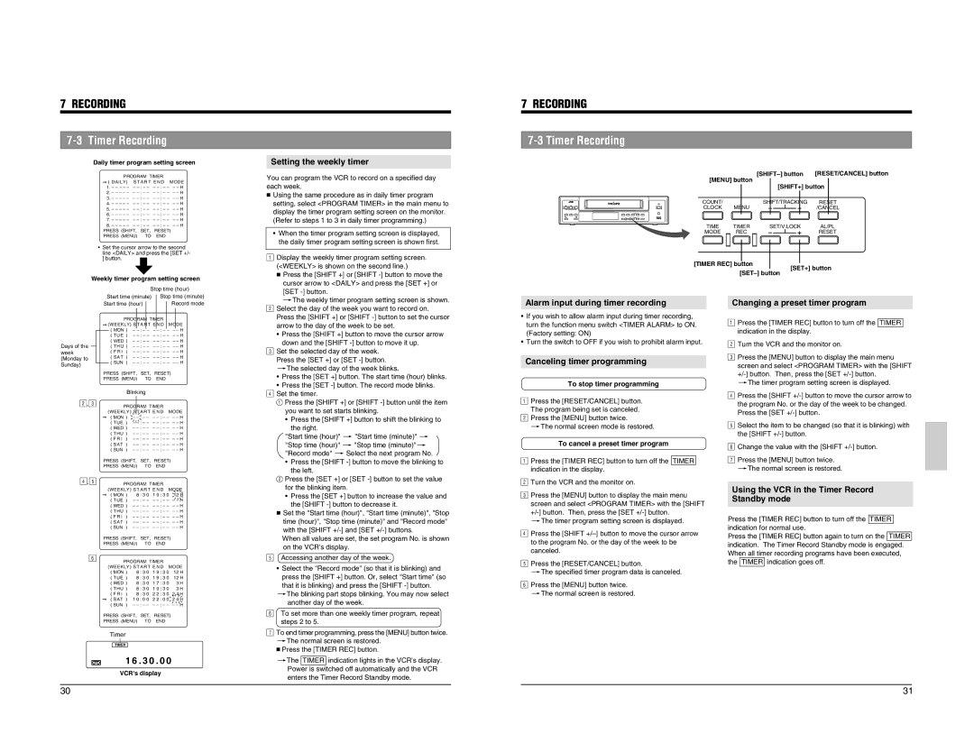 JVC SR-L910EK appendix Setting the weekly timer, Alarm input during timer recording, Canceling timer programming 