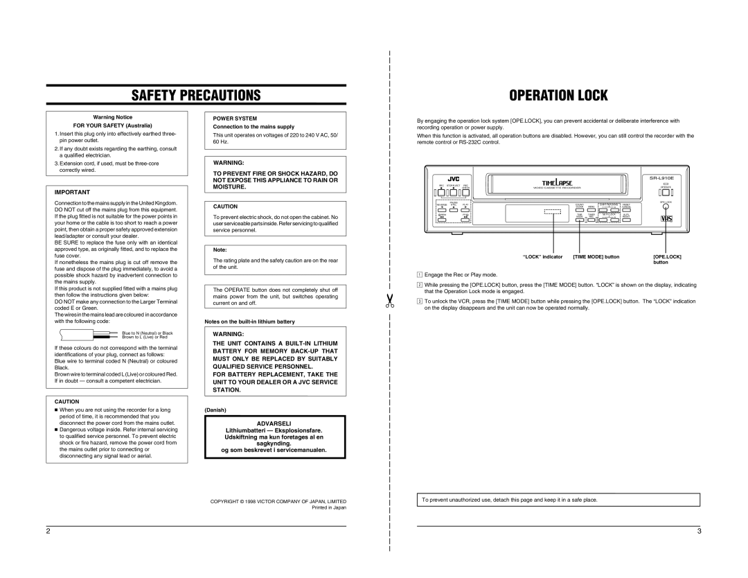 JVC SR-L910E appendix Safety Precautions Operation Lock, For Your Safety Australia, Connection to the mains supply, Danish 