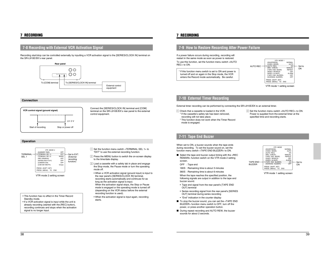 JVC SR-L910EK appendix Recording with External VCR Activation Signal, External Timer Recording, Tape End Buzzer 
