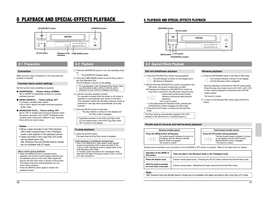 JVC SR-L910EK appendix Playback and SPECIAL-EFFECTS Playback, Special-Effects Playback 