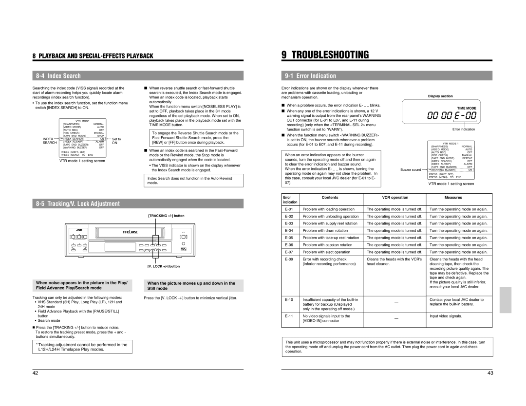 JVC SR-L910EK appendix Troubleshooting, Index Search, Tracking/V. Lock Adjustment, Contents VCR operation Measures 