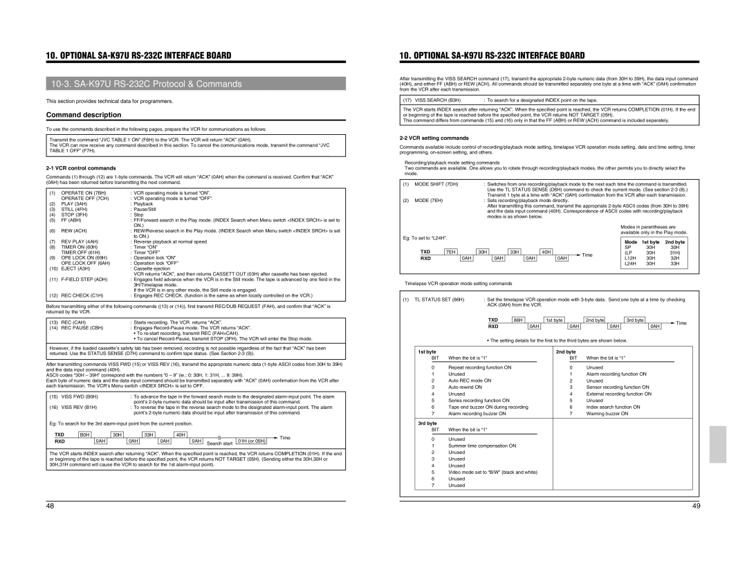 JVC SR-L910EK appendix Optional SA-K97U RS-232C Interface Board, SA-K97U RS-232C Protocol & Commands, Command description 
