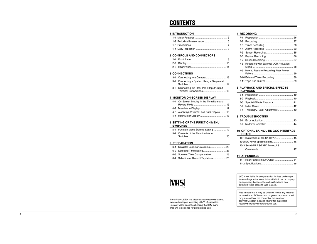 JVC SR-L910EK appendix Contents 