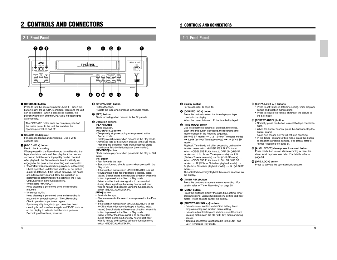 JVC SR-L910EK appendix Controls and Connectors, Front Panel 