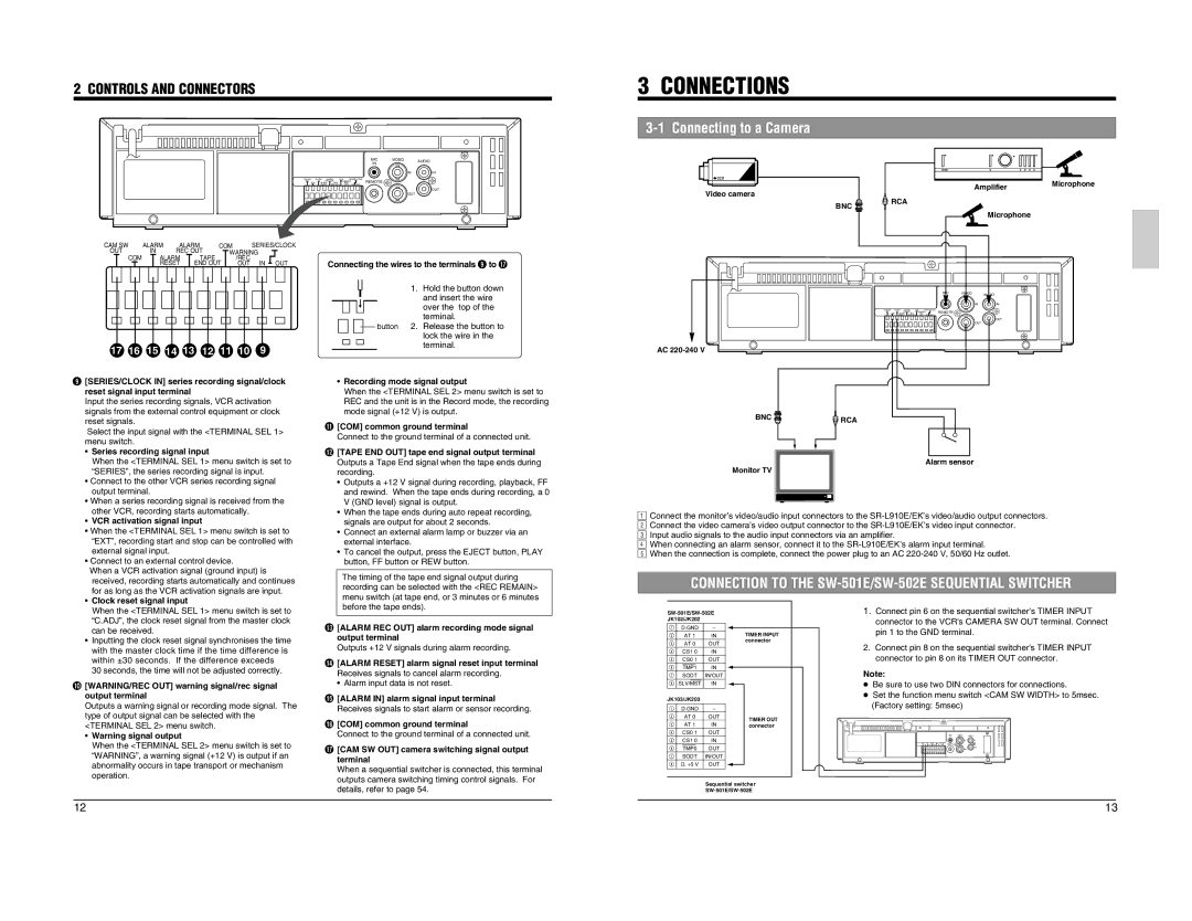 JVC SR-L910EK appendix Connections, Connecting to a Camera 