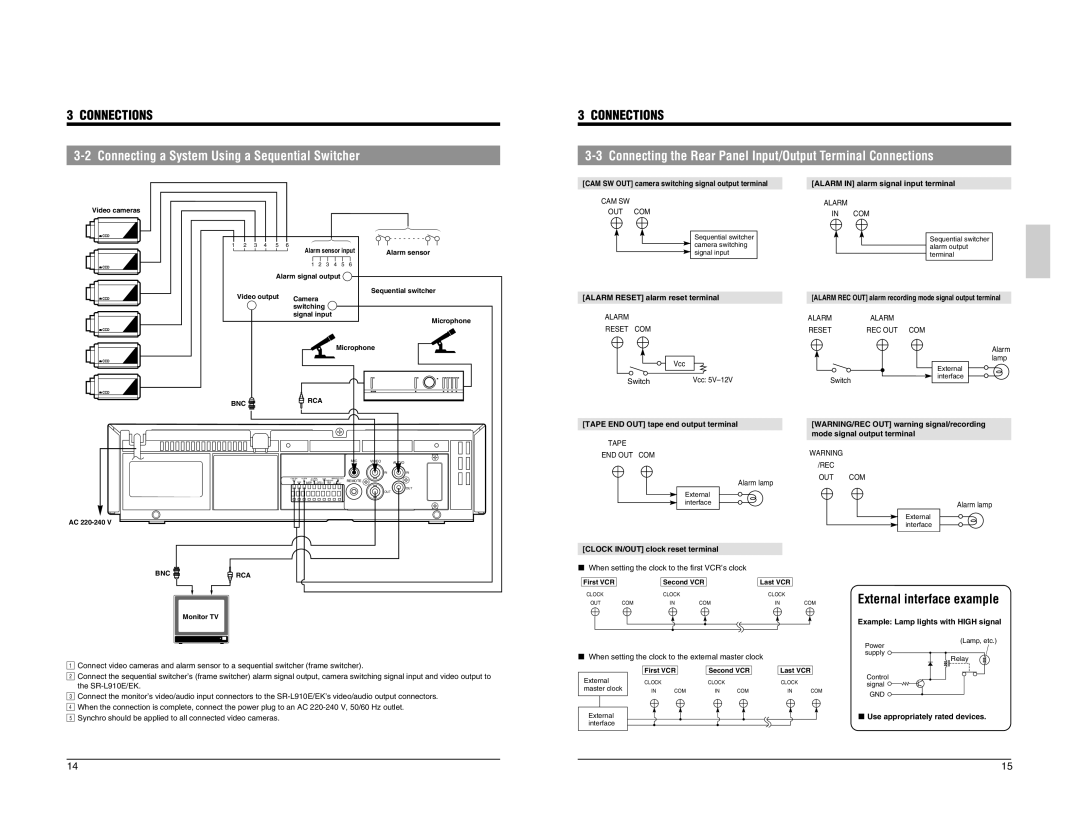 JVC SR-L910E Connecting a System Using a Sequential Switcher, Connecting the Rear Panel Input/Output Terminal Connections 