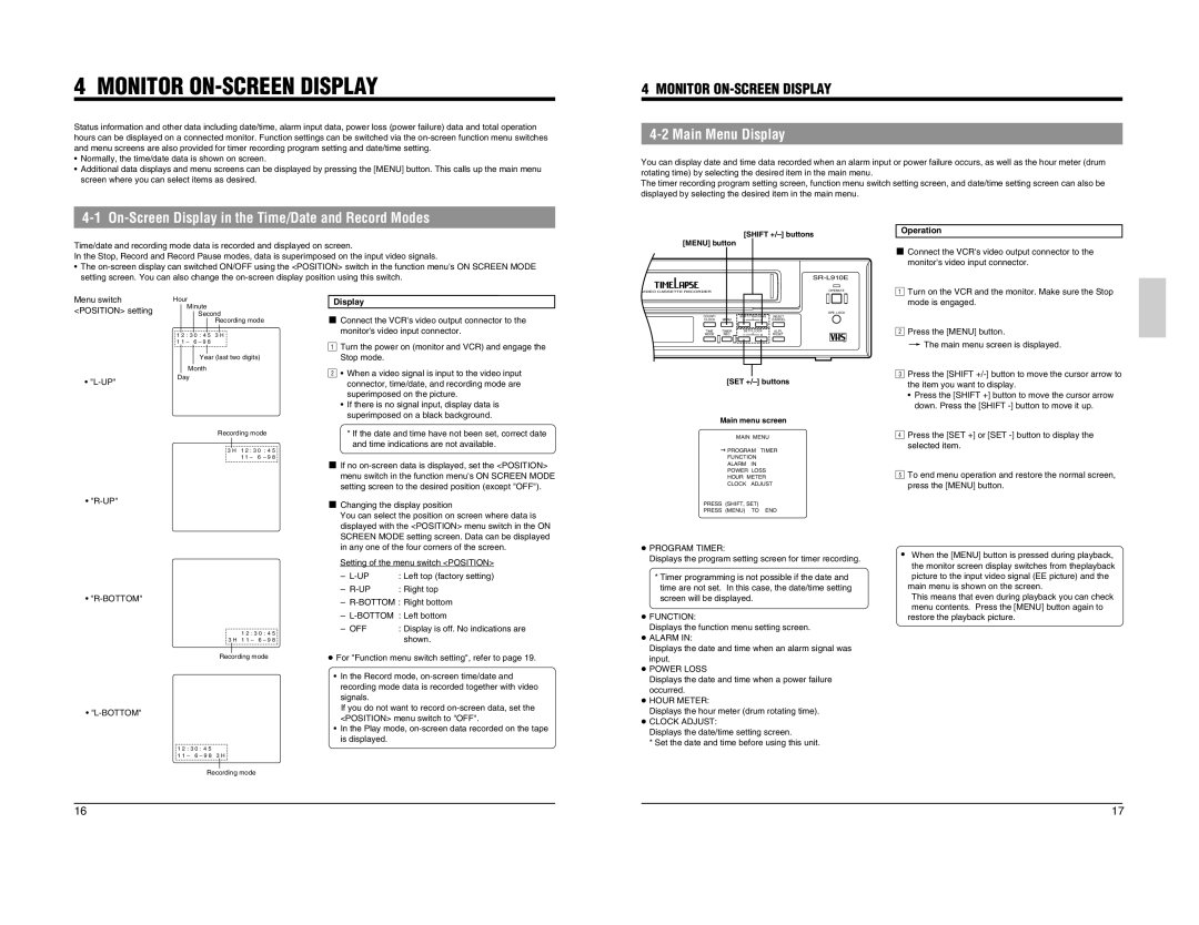 JVC SR-L910EK appendix Monitor ON-SCREEN Display, On-Screen Display in the Time/Date and Record Modes, Main Menu Display 