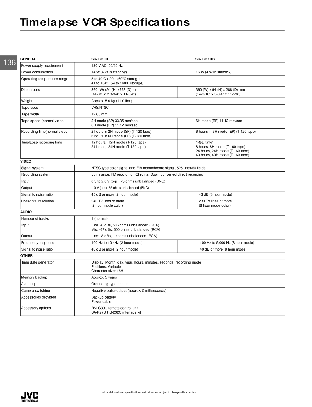 JVC SR-L911UB, SR-L910U specifications Timelapse VCR Specifications, 136 