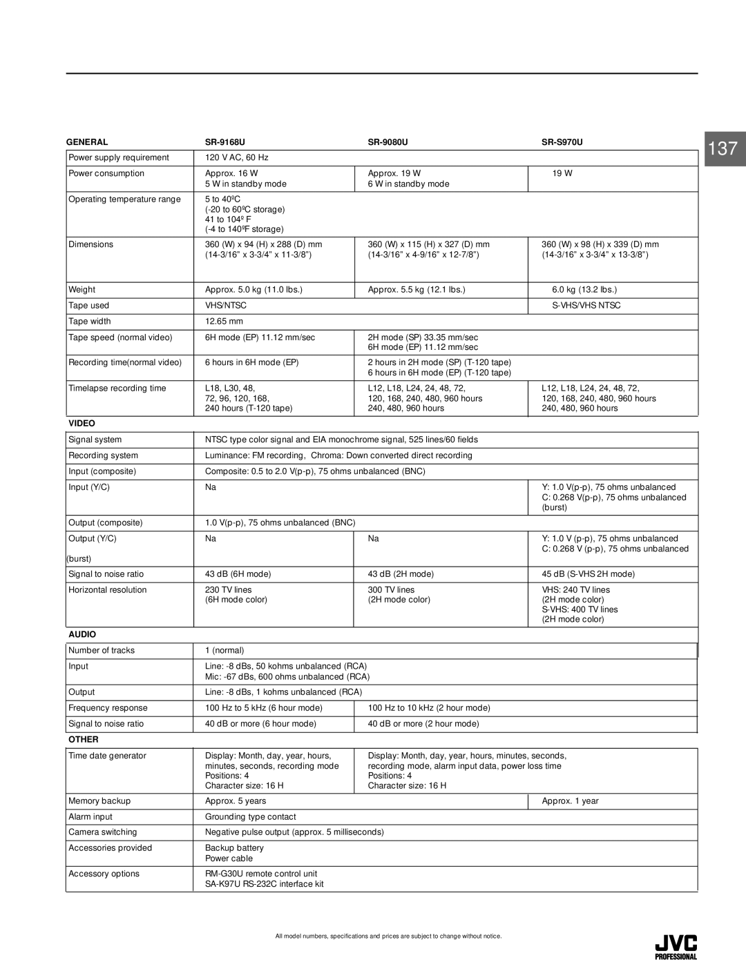 JVC SR-L910U, SR-L911UB specifications 137, SR-9168U SR-9080U SR-S970U, VHS/NTSC VHS/VHS Ntsc 
