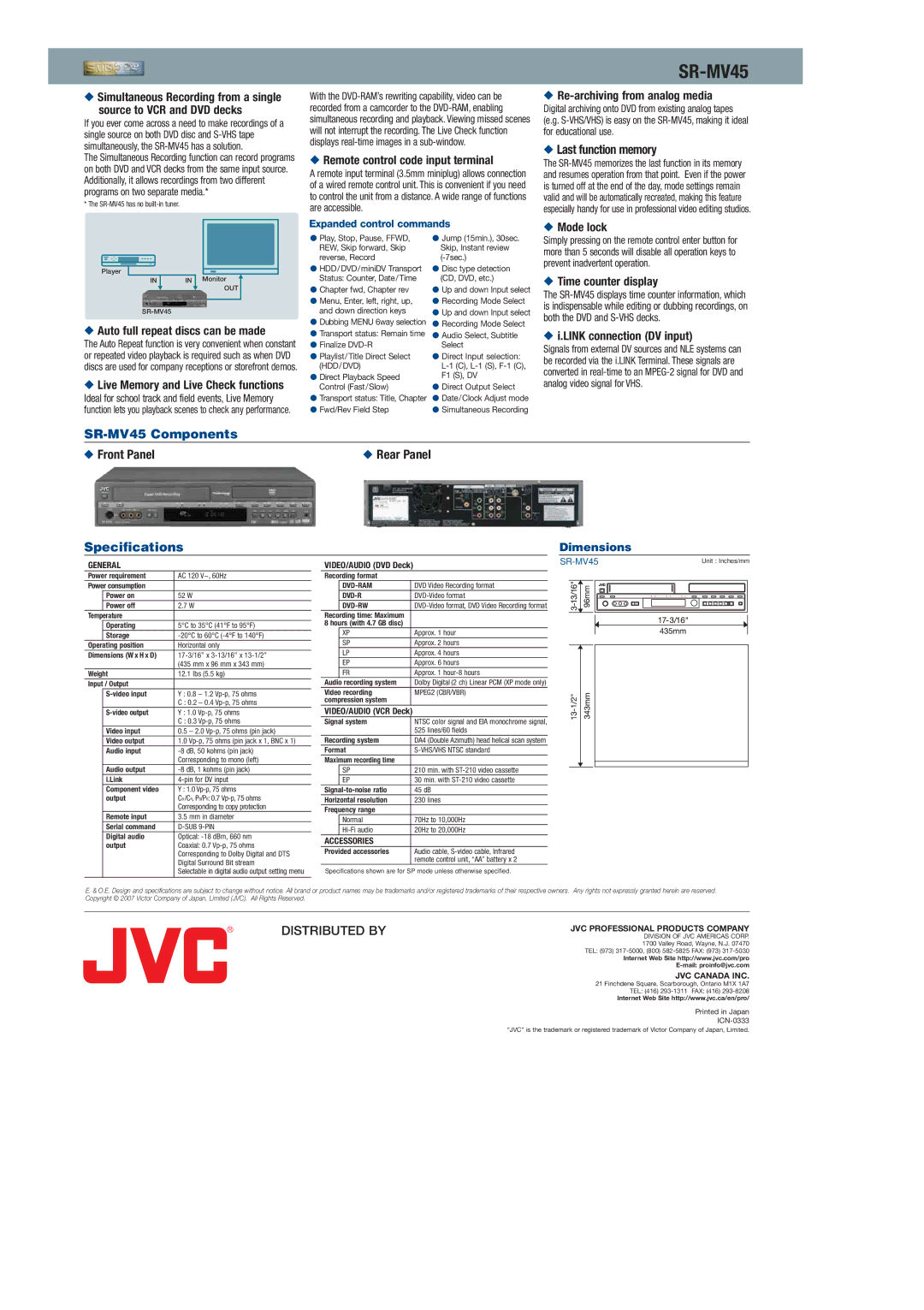 JVC SR-MV45 manual Auto full repeat discs can be made, Remote control code input terminal, Re-archiving from analog media 