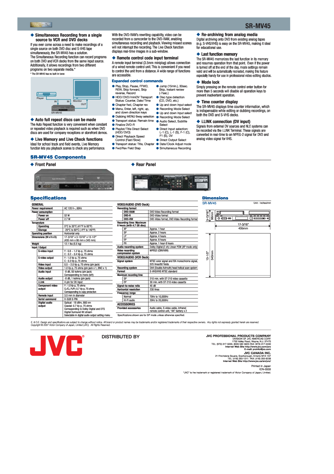 JVC SR-MV45 manual Auto full repeat discs can be made, Remote control code input terminal, Re-archiving from analog media 