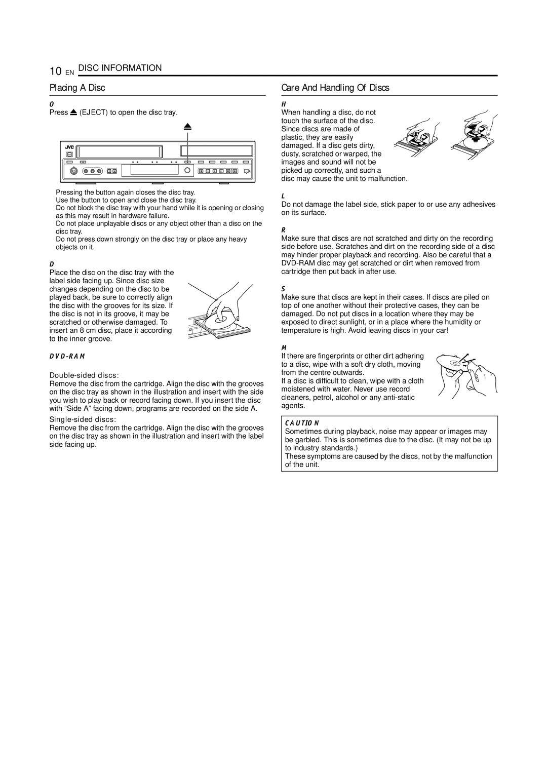 JVC SR-MV45U, SR-MV55U Placing a Disc Care And Handling Of Discs, Press x Eject to open the disc tray, Single-sided discs 