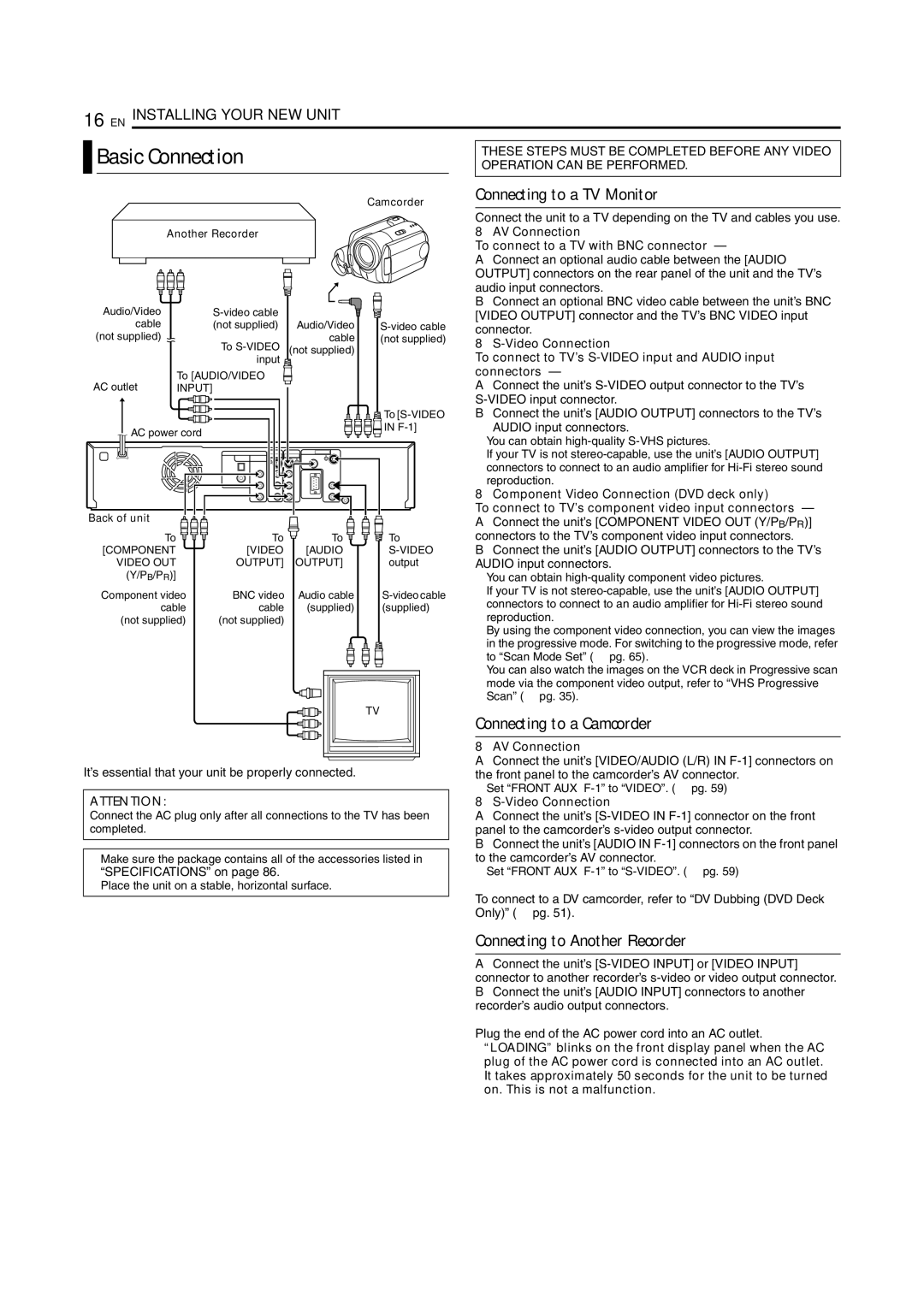 JVC SR-MV45U manual Basic Connection, Connecting to a TV Monitor, Connecting to a Camcorder, Connecting to Another Recorder 