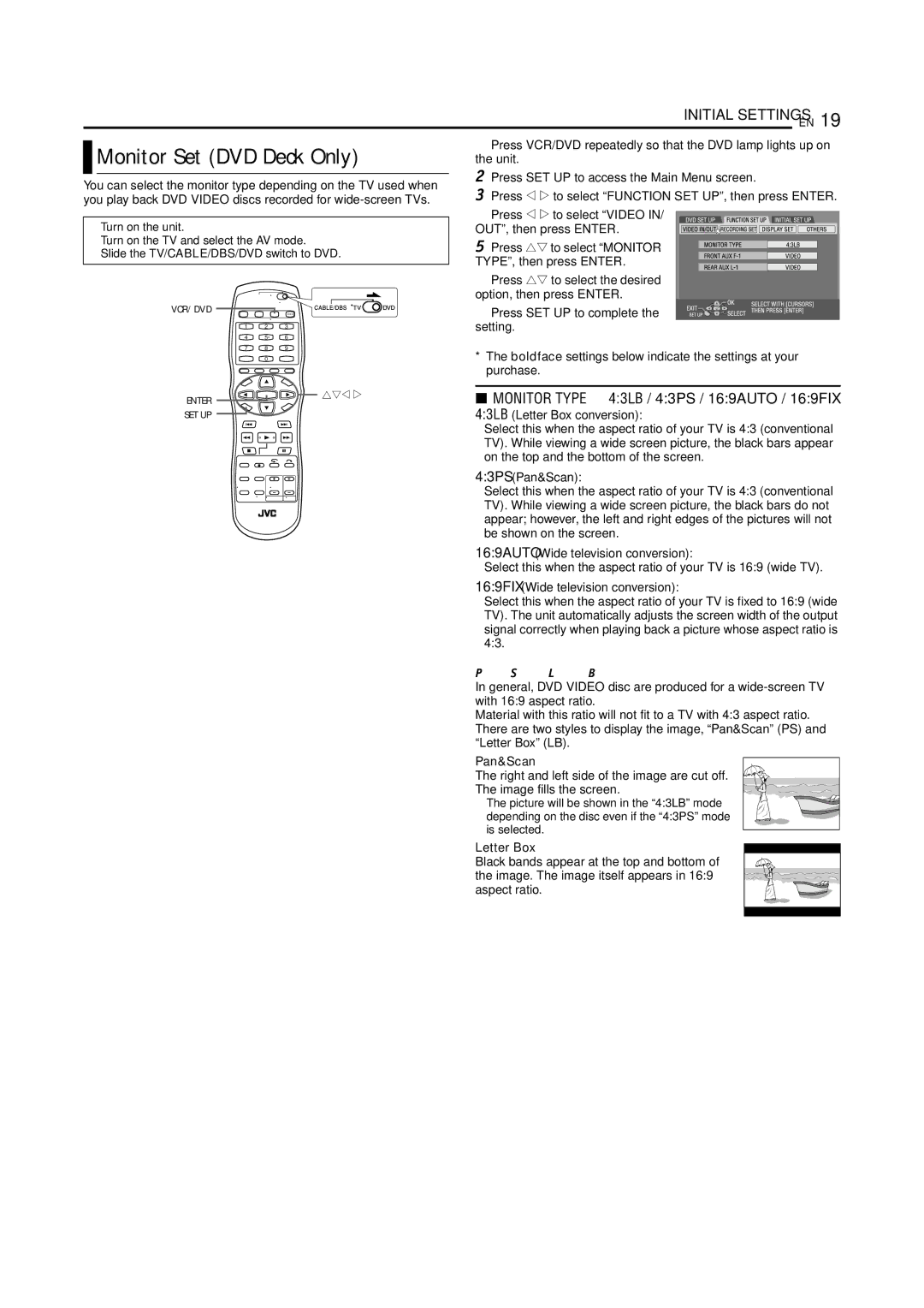 JVC SR-MV55U, SR-MV45U manual Monitor Set DVD Deck Only, Pan&Scan, Letter Box 