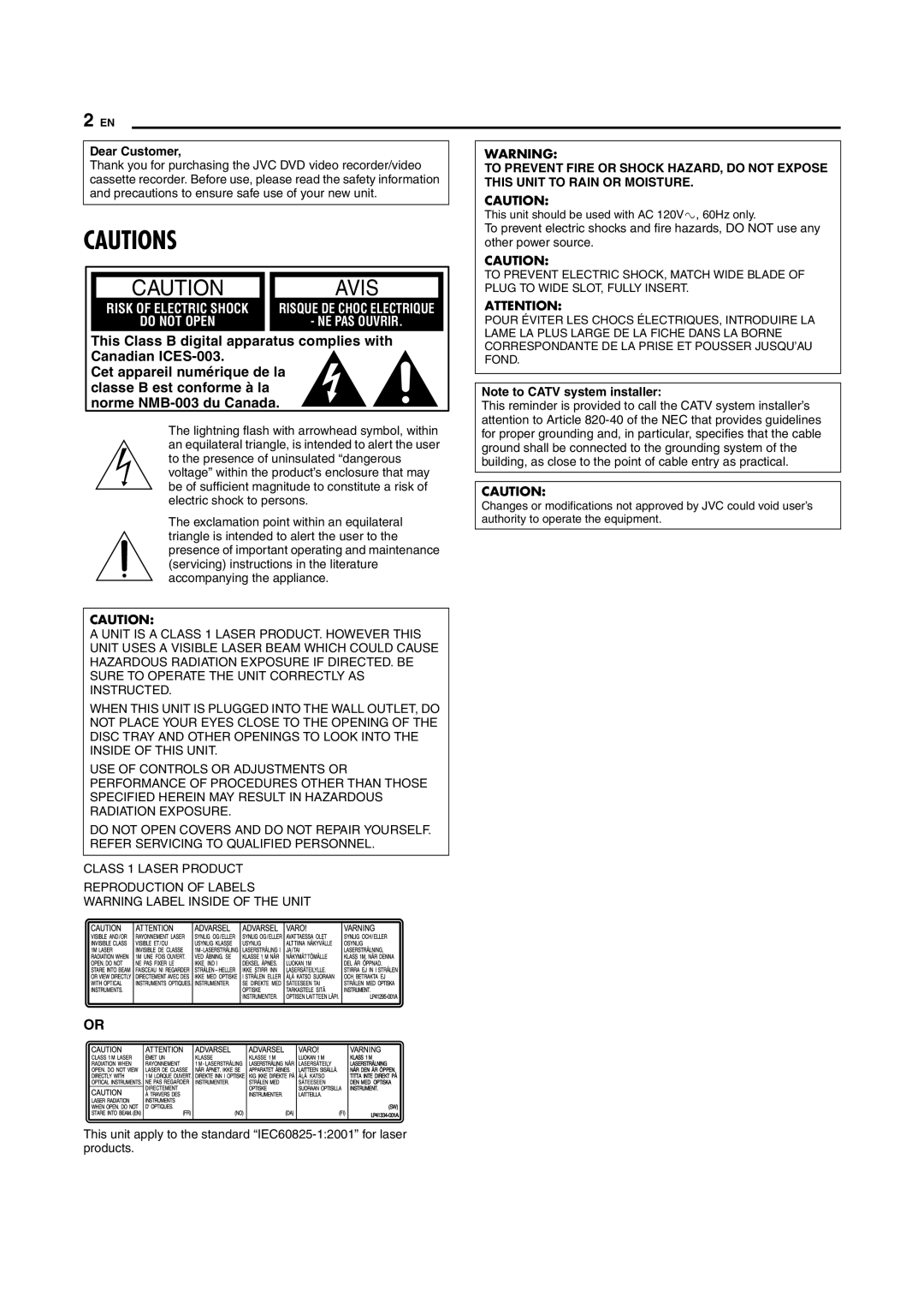 JVC SR-MV45U, SR-MV55U manual Avis, Dear Customer 