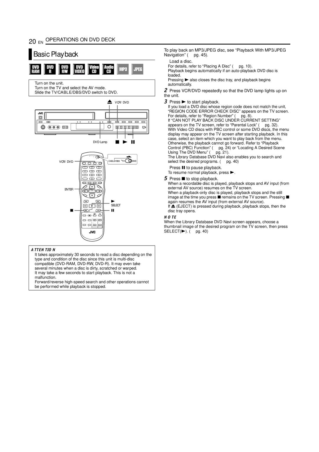 JVC SR-MV45U, SR-MV55U manual Basic Playback 