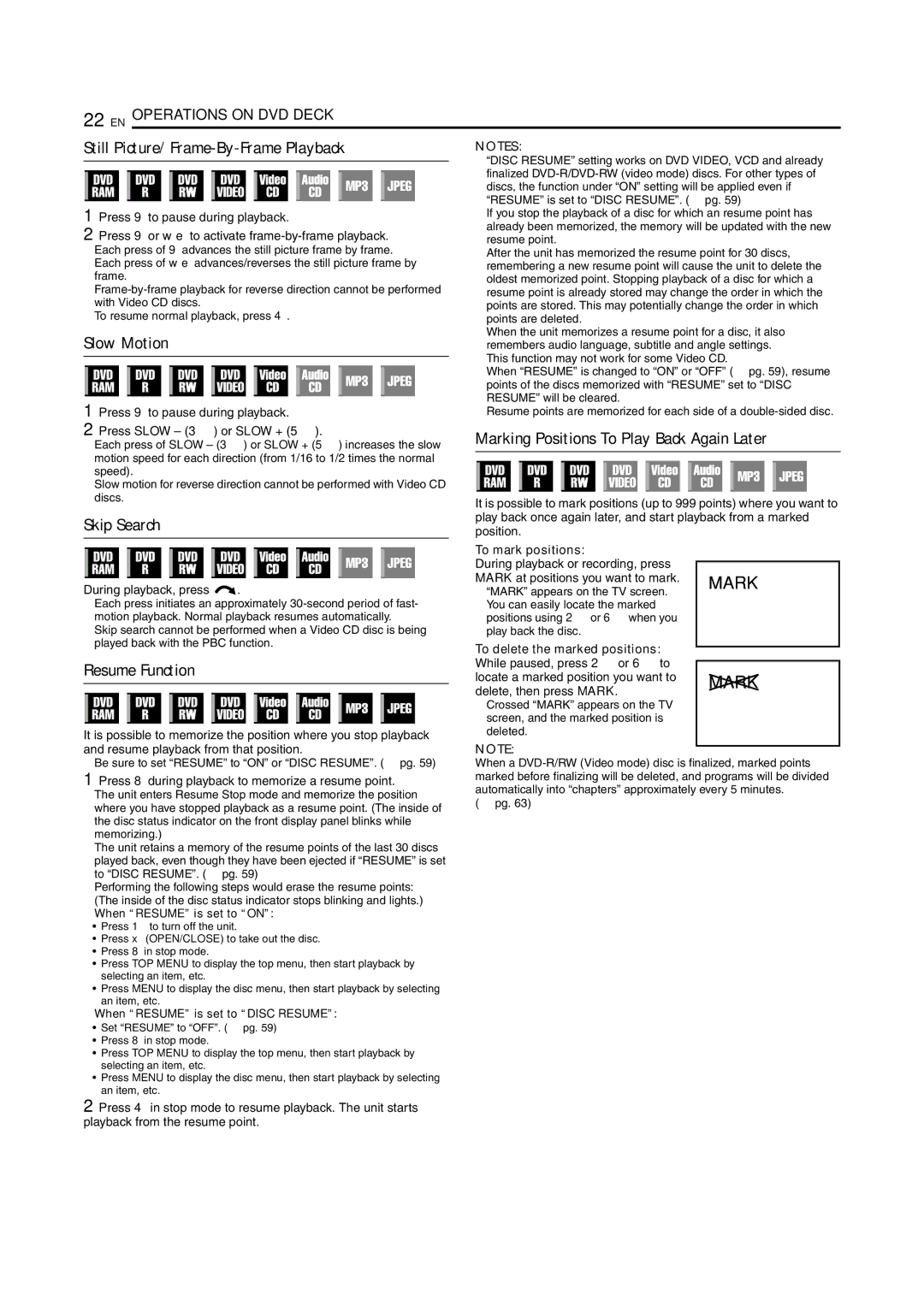 JVC SR-MV45U, SR-MV55U manual Still Picture/Frame-By-Frame Playback, Slow Motion, Skip Search, To mark positions 