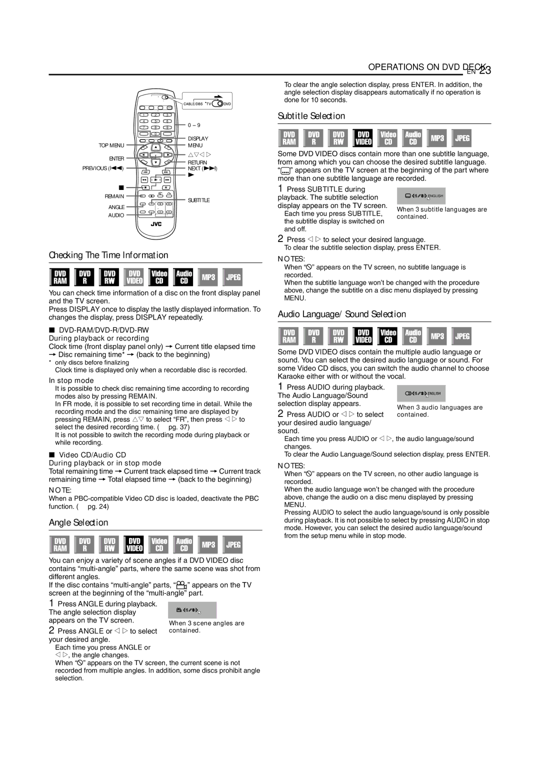 JVC SR-MV55U, SR-MV45U Checking The Time Information, Angle Selection, Subtitle Selection, Audio Language/Sound Selection 