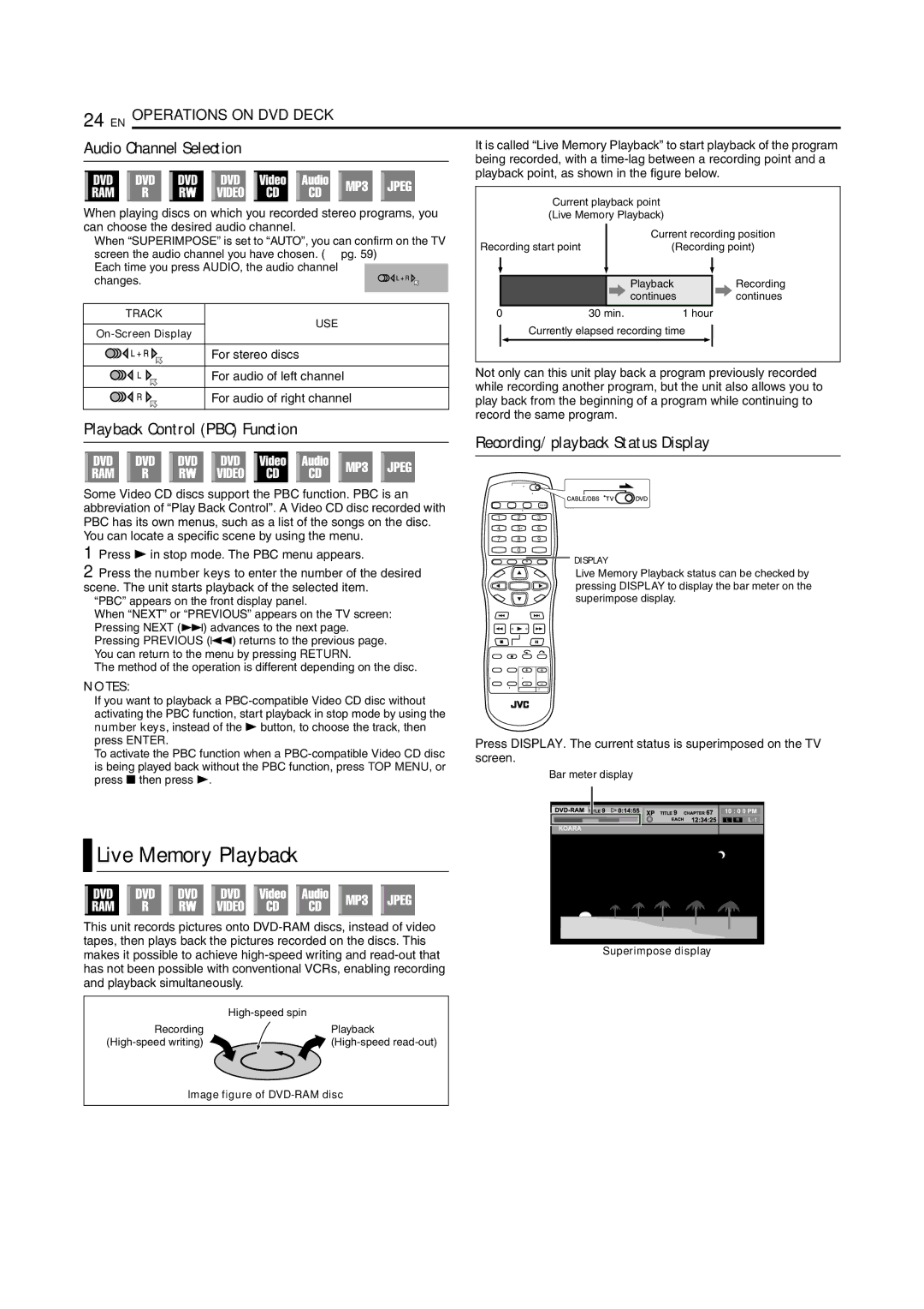 JVC SR-MV45U, SR-MV55U manual Live Memory Playback, Audio Channel Selection, Playback Control PBC Function 