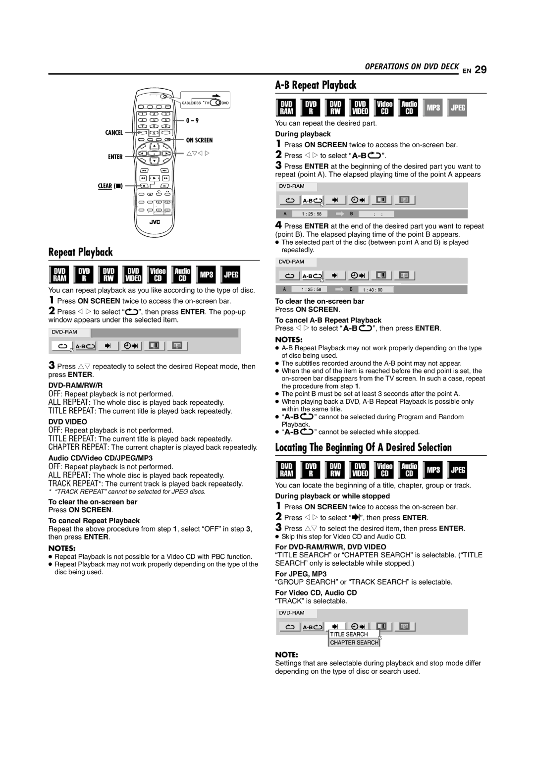 JVC SR-MV55U Repeat Playback, During playback, Audio CD/Video CD/JPEG/MP3, For DVD-RAM/RW/R, DVD Video, For JPEG, MP3 