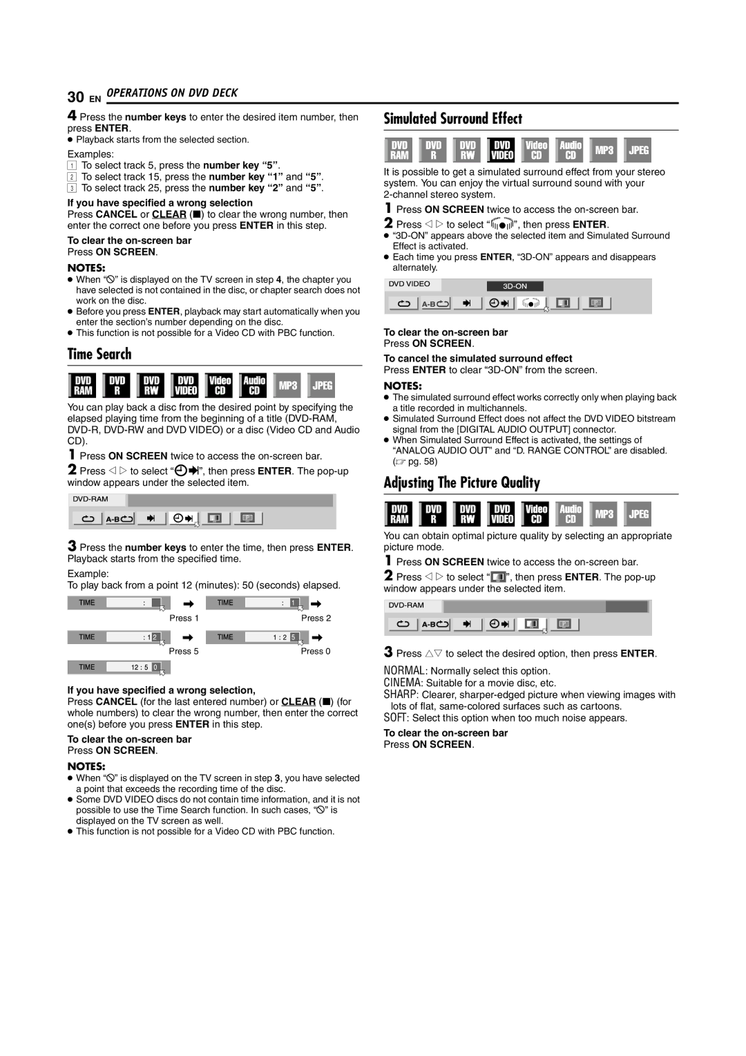 JVC SR-MV45U, SR-MV55U manual Simulated Surround Effect, Time Search, Adjusting The Picture Quality 